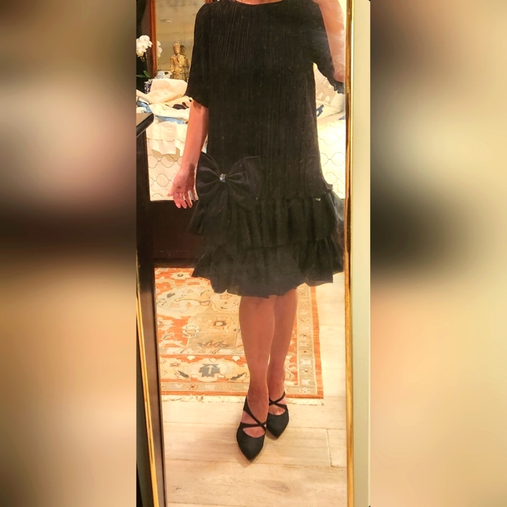 Vintage 80s Babydoll Dropwaist Bow Black Dress